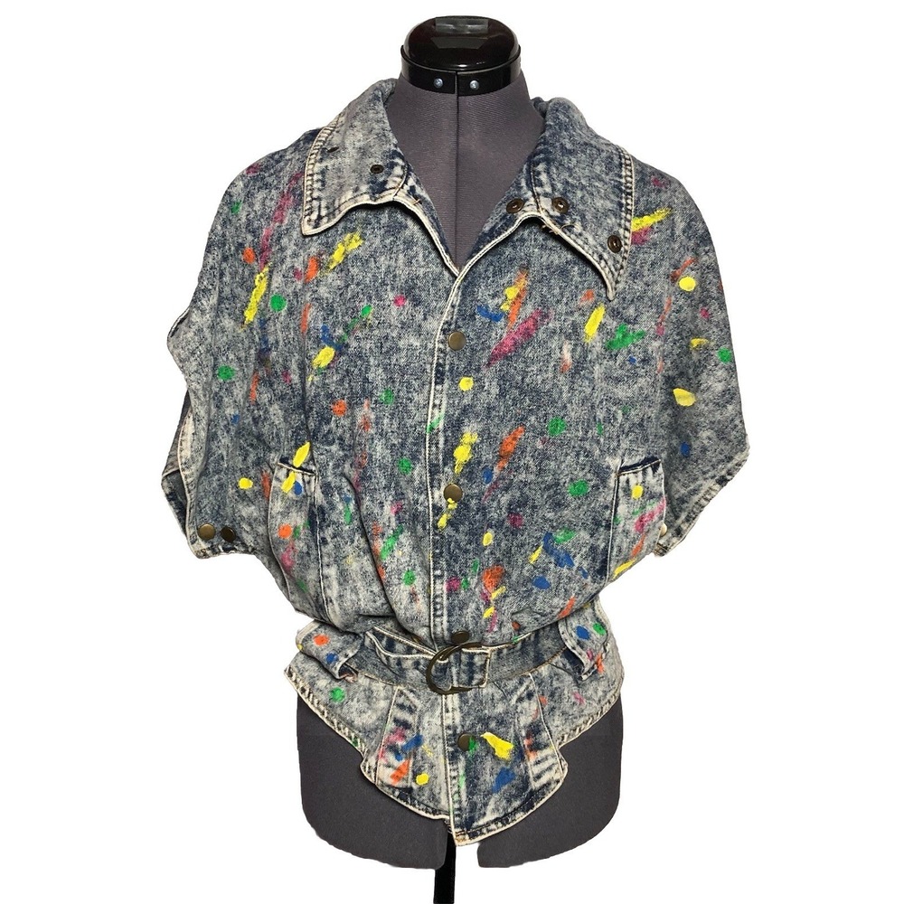 Vtg 80s 90s Acid Wash Denim Vest Paint Splatter Artwear Batwing Belted S DAMAGED
